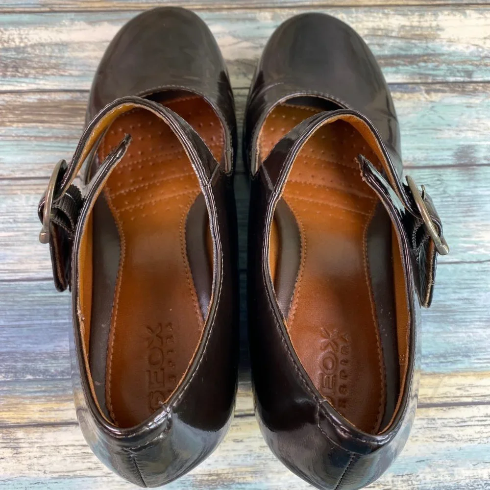 Geox Mary Jane Shoes Womens Size 9M Dark Bronze Patent Leather Wedge Heel